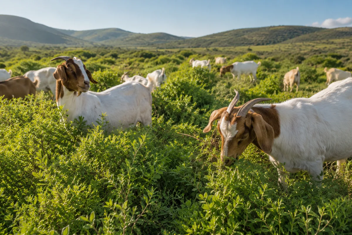 Goats browsing safe green brush in an open pasture