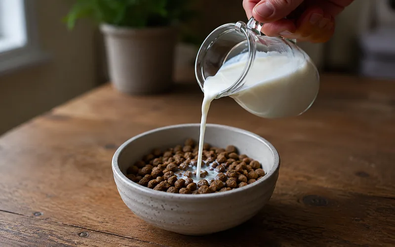Goat milk being poured over a bowl of dry dog kibble on a wooden table