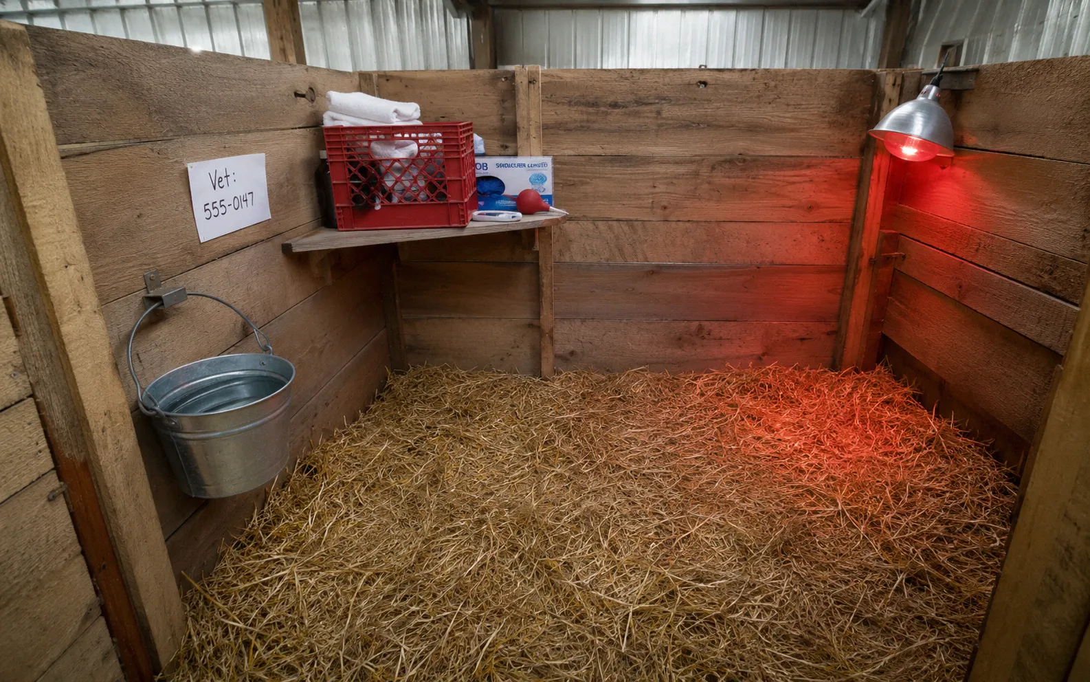 Clean kidding stall prepared with straw bedding, water bucket, and birthing supplies