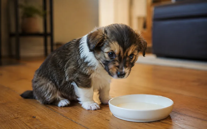 A young weaned puppy sniffing a small shallow dish of goat milk on a wooden floor