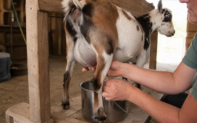 A Pygmy-Nigerian Dwarf cross doe being hand milked on a small wooden milking stand