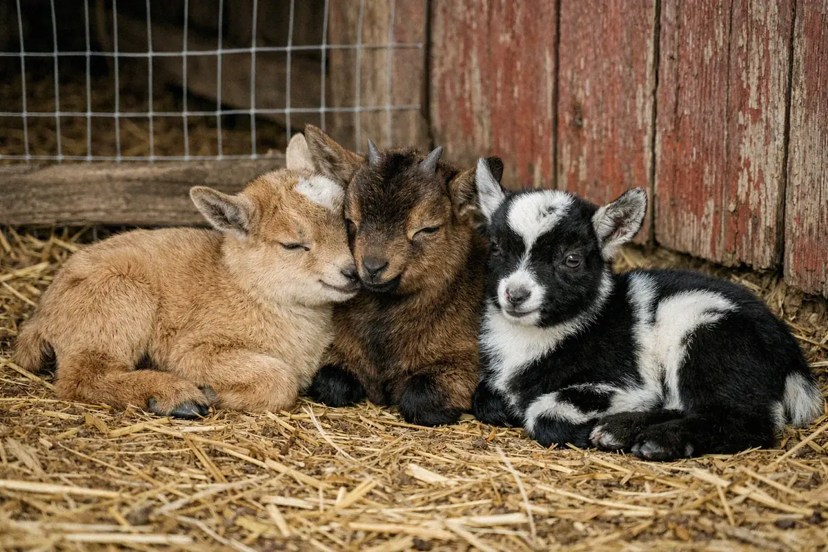 Small pygmy goat kids resting together inside a fenced paddock near a barn