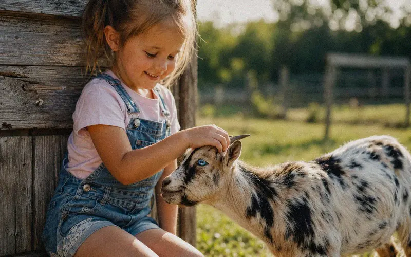A friendly Pygmy-Nigerian Dwarf cross goat being petted by a child near a barn