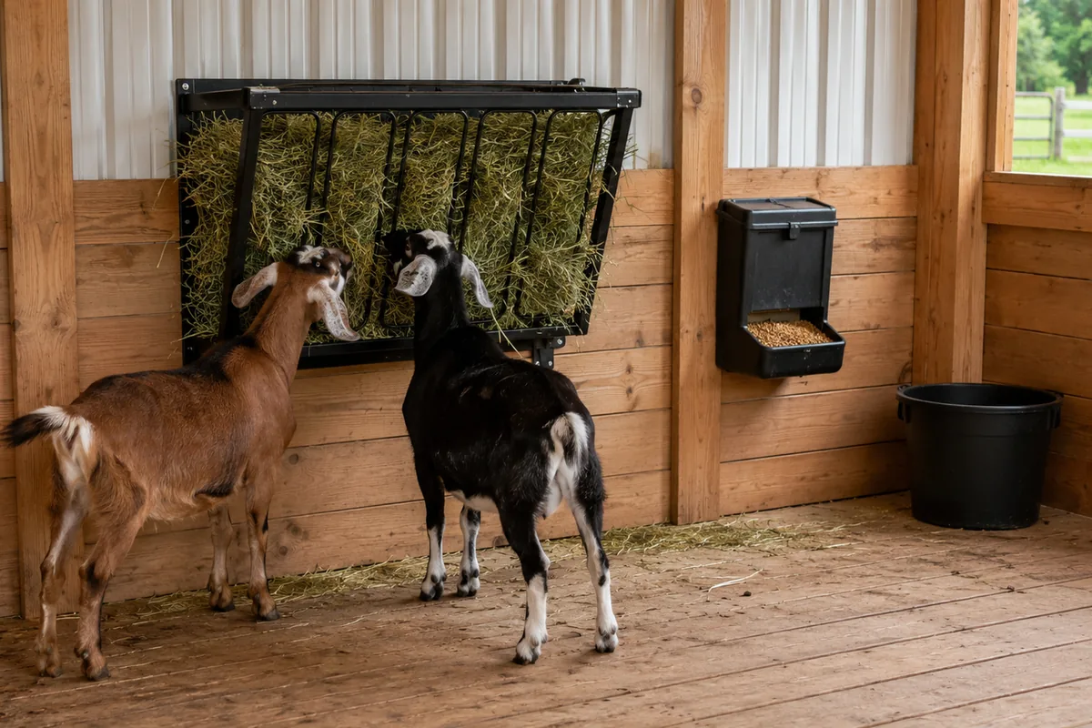 A clean feeding setup with hay feeder, minerals, and water