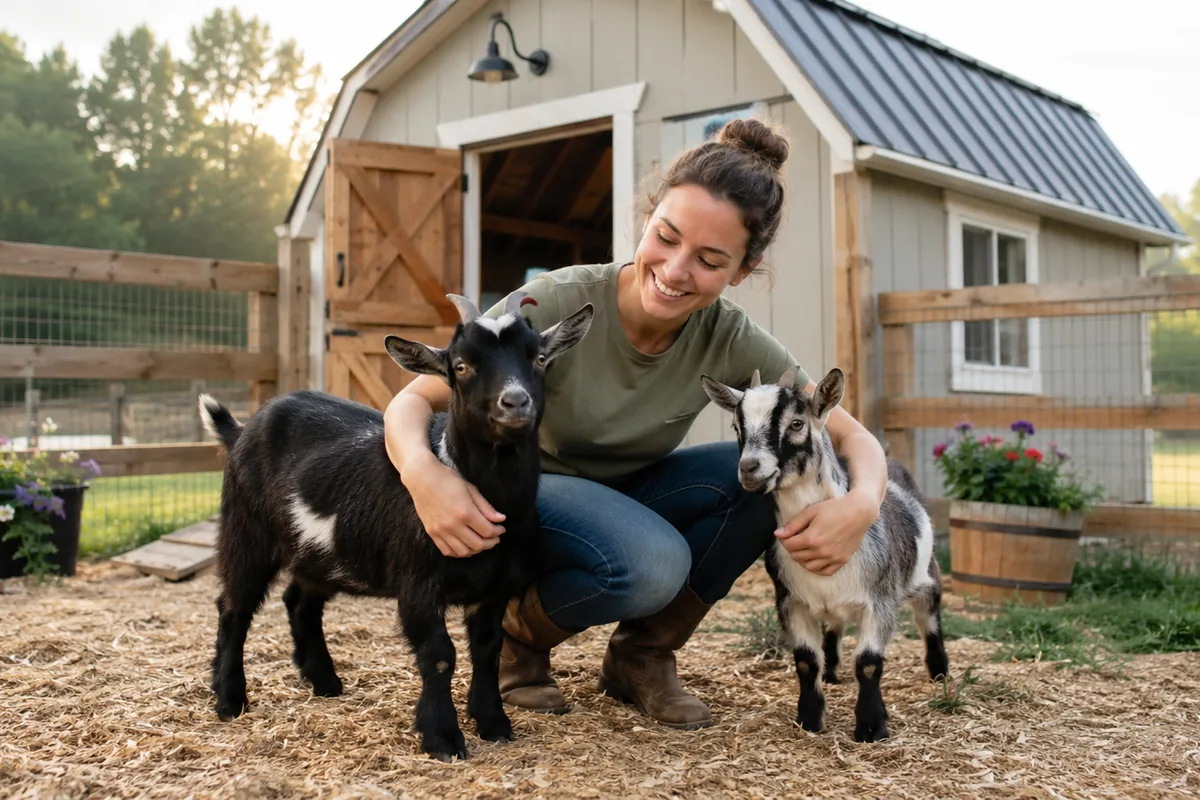 A new owner crouching beside two friendly Nigerian Dwarf goats at a small backyard barn