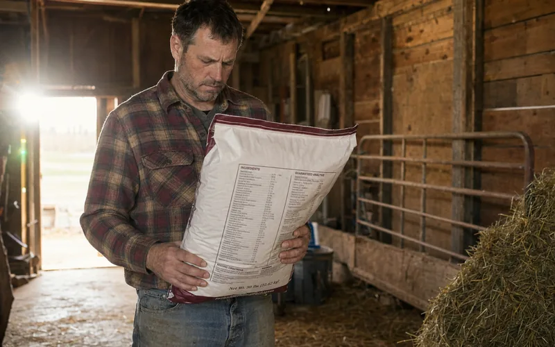 A goat owner reading the ingredient tag on a feed bag inside a barn