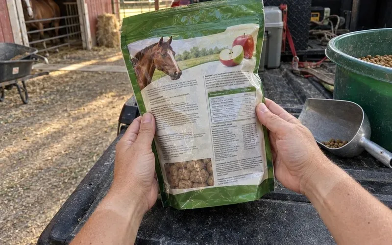Hands holding a bag of horse treats turned to the feed tag on the back