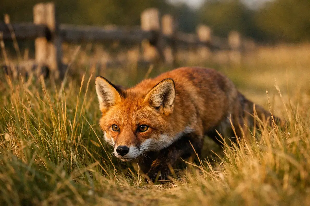 Red fox stalking through tall grass near a rural farm property