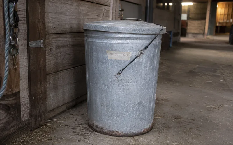 A metal feed bin with a secured latching lid in a barn