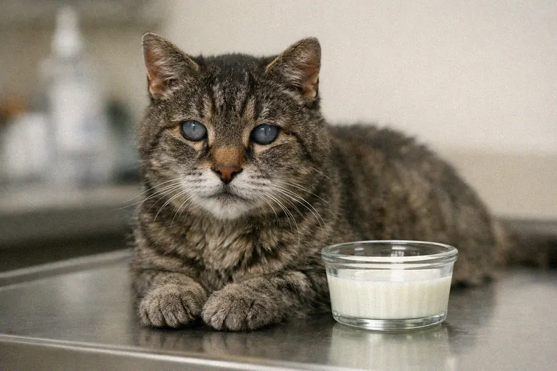 Senior gray-muzzled cat sitting beside a small glass of goat's milk