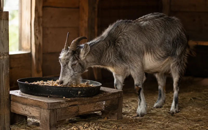 An older goat eating soaked hay cube mash from a raised pan