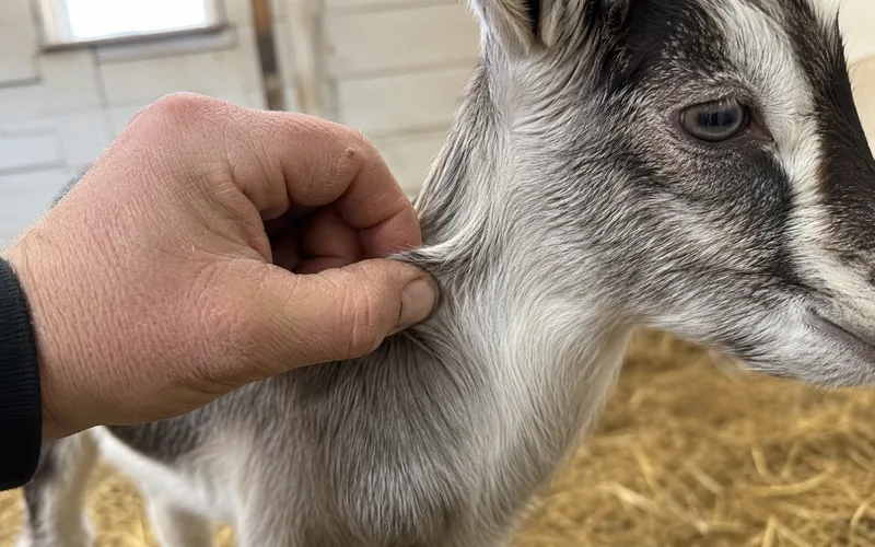 Performing the skin tent test on a baby goat's neck to check hydration