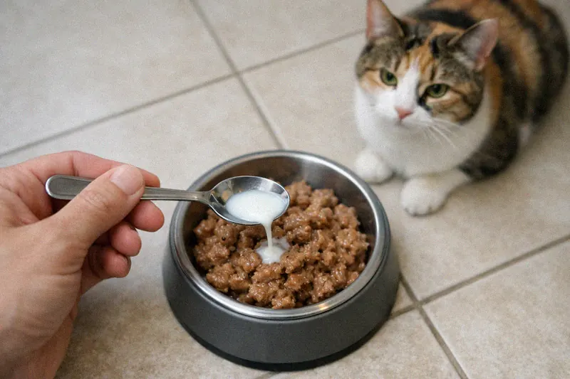 Hand pouring a teaspoon of goat's milk into a cat food bowl while a calico cat watches