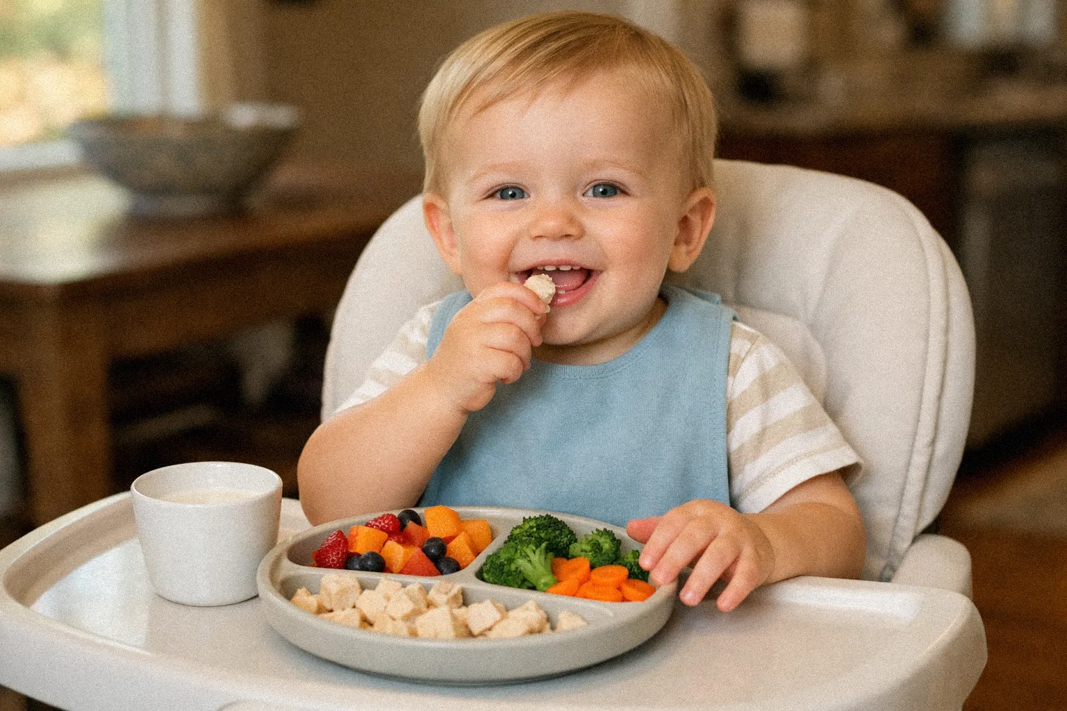 Toddler eating a balanced meal with goat milk and nutritious foods