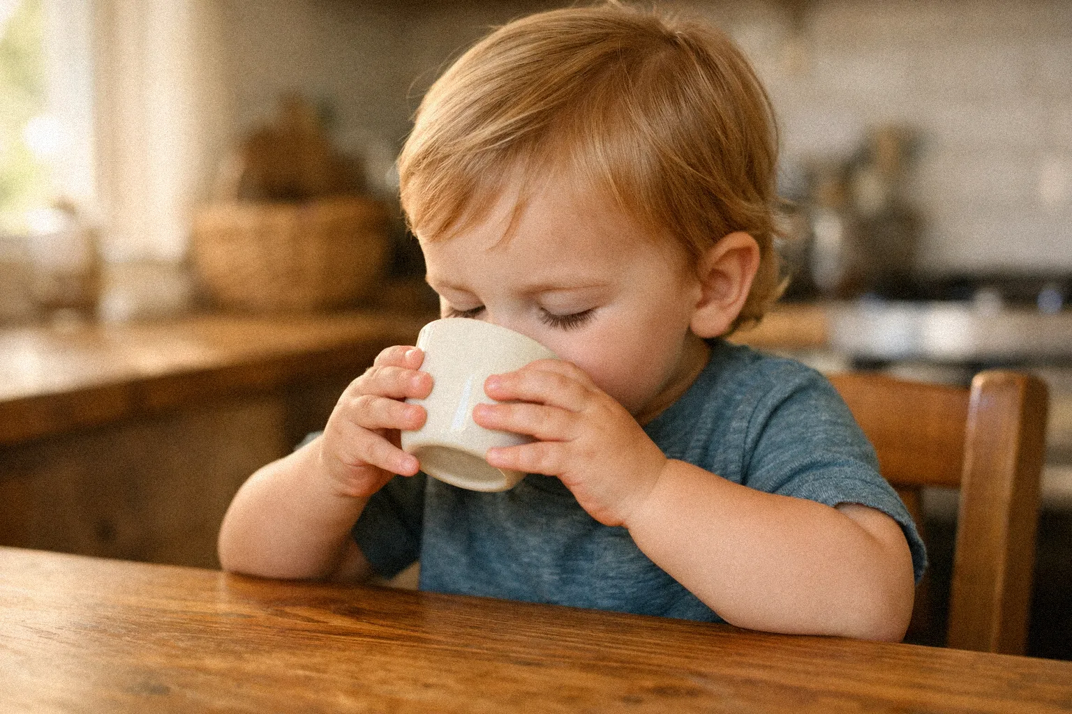 Toddler drinking goat milk from a cup at the kitchen table