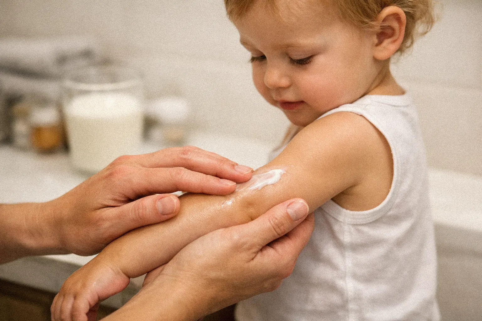 Parent applying lotion to toddler with eczema while a glass of milk sits on the counter