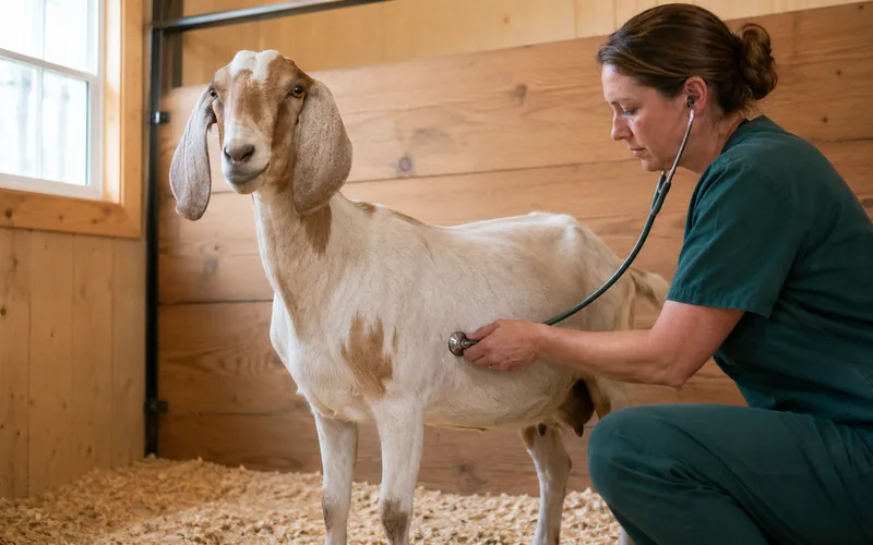 A veterinarian listening to a goat's rumen with a stethoscope in a barn stall