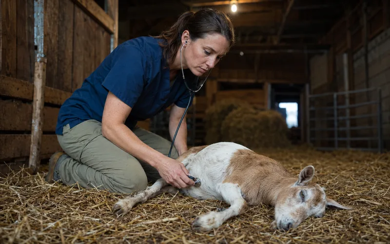 A veterinarian examining a goat showing signs of weakness in a barn stall