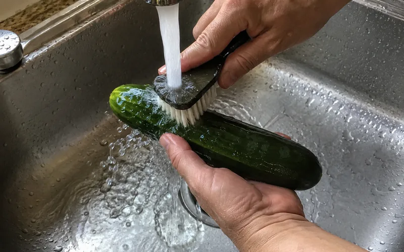 Hands scrubbing cucumbers under running water with a produce brush