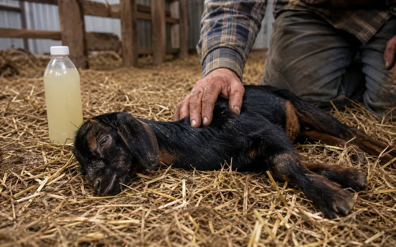 Lethargic baby goat resting in straw bedding showing signs of dehydration