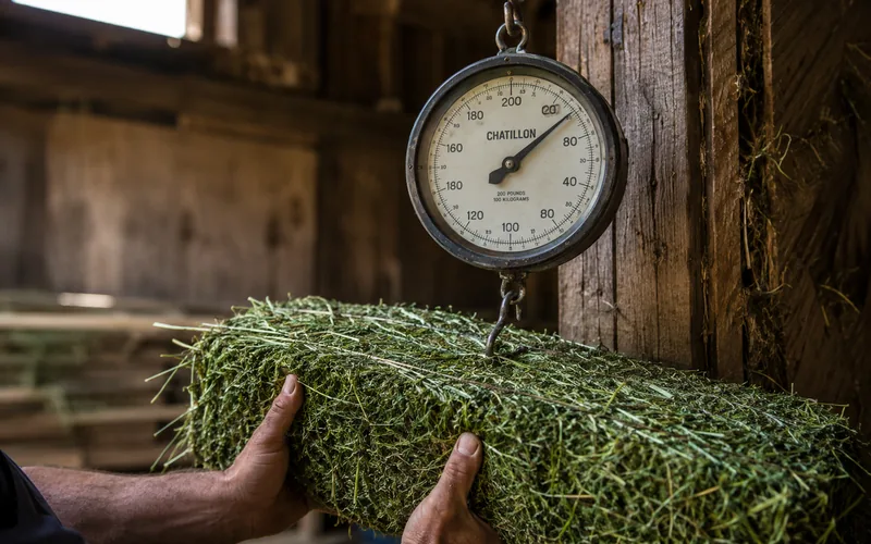 A goat owner weighing a flake of alfalfa hay on a hanging scale
