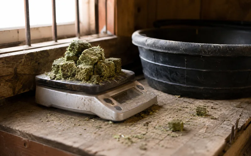 Hay cubes being weighed on a small kitchen scale beside a feed pan