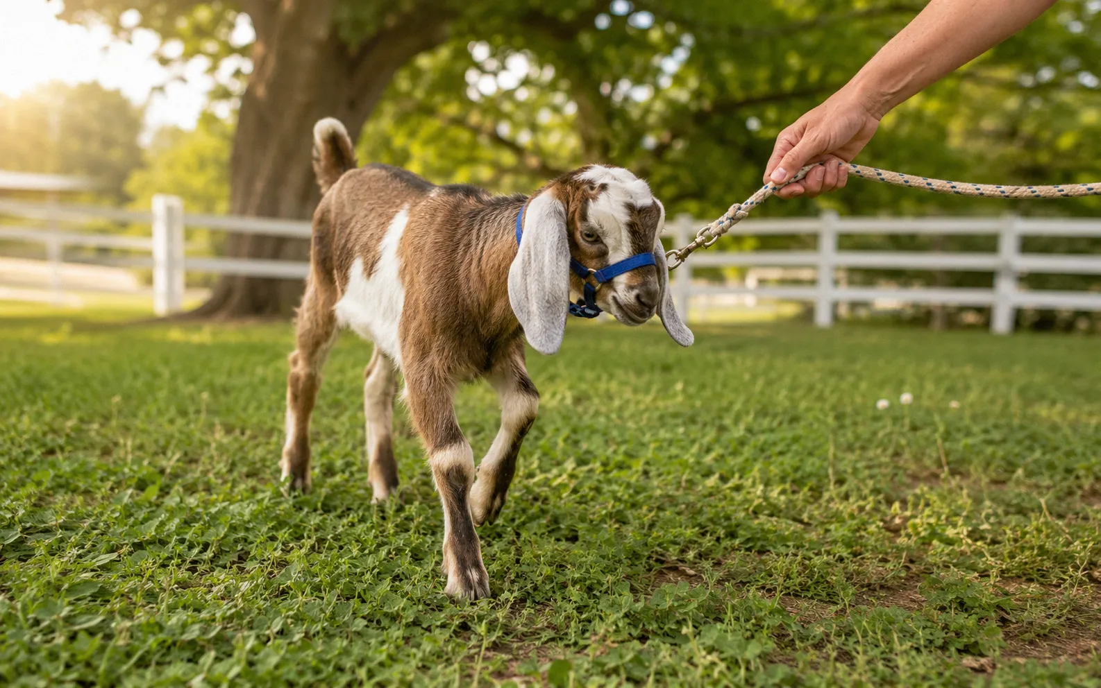 Young goat kid wearing a small nylon halter during an early lead training session in a grassy paddock